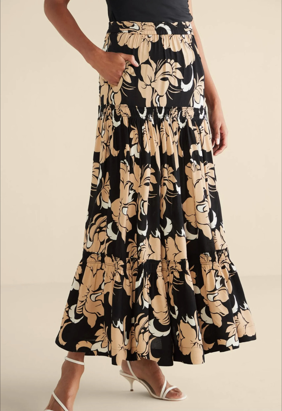 NEW SOFT SURROUNDINGS BLACK TAN MENARA BLOOM HALONA FLORAL TIERED MAXI SKIRT XL